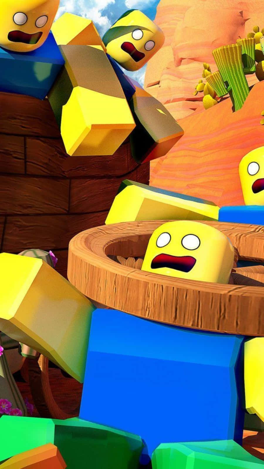 搞笑Roblox朋友圖 壁紙 — 塊狀卡通角色帶著驚訝的表情，在混亂的3D渲染場景中滾落沙漠峽谷。