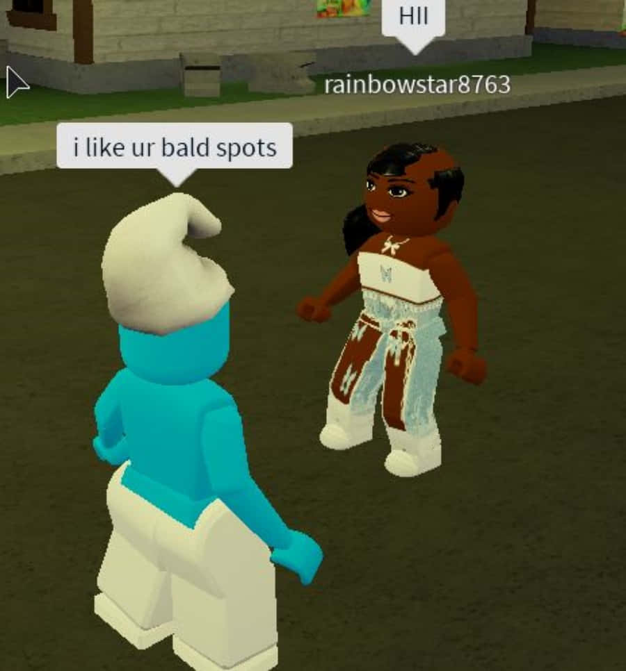 搞笑Roblox禿頭頭髮圖 壁紙 — 兩個方塊頭像在遊戲聊天中，一個藍色戴白帽，另一個棕色紮辮子，正在進行有趣的對話。