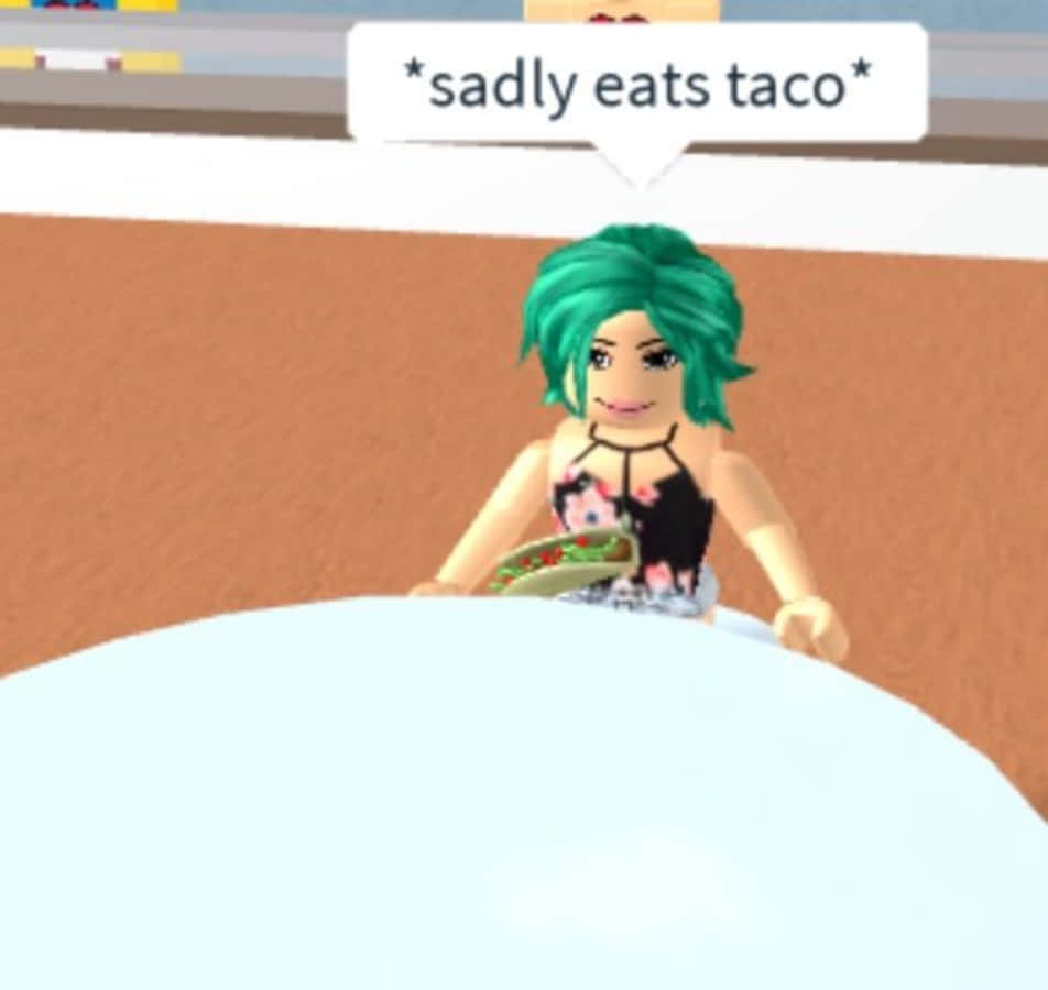 搞笑Roblox綠髮女孩圖 壁紙 — 一個綠色頭髮的Roblox虛擬角色坐在桌子旁悲傷地吃著墨西哥卷餅。
