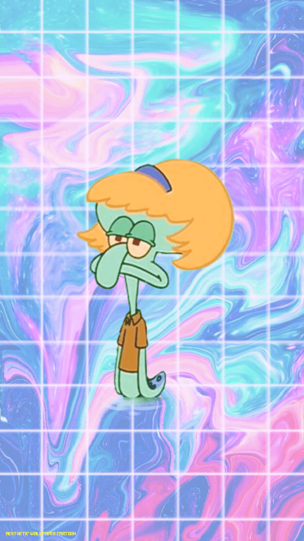 搞笑假髮章魚哥圖片 壁紙 — Squidward 沮喪地站在一個充滿活力的漩渦粉彩背景上，上面覆蓋著發光的網格。