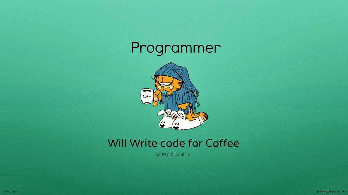 卡通貓咪穿浴袍手持C++咖啡杯與兔子，文字顯示Programmer Will Write code for Coffee