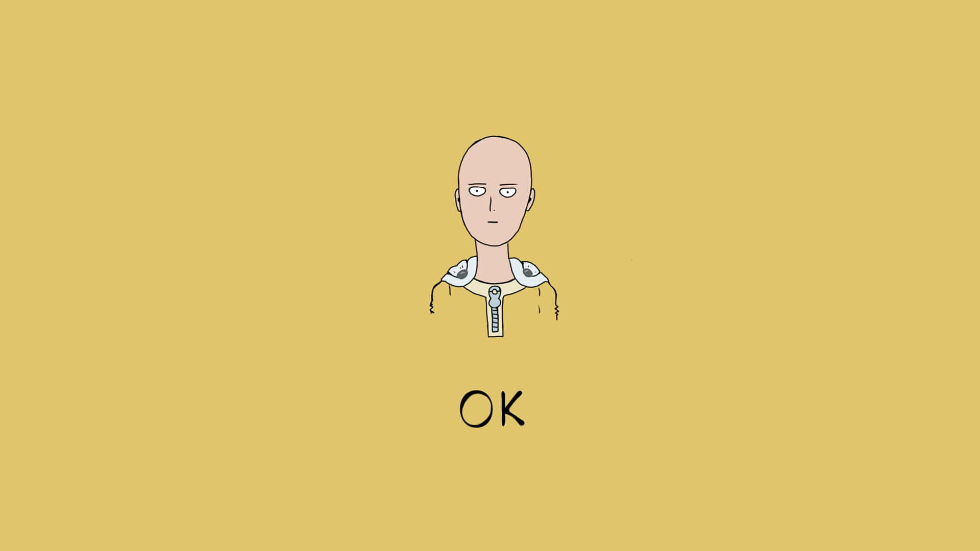 禿頭動漫角色在黃色背景上面無表情，帶有文字 OK。