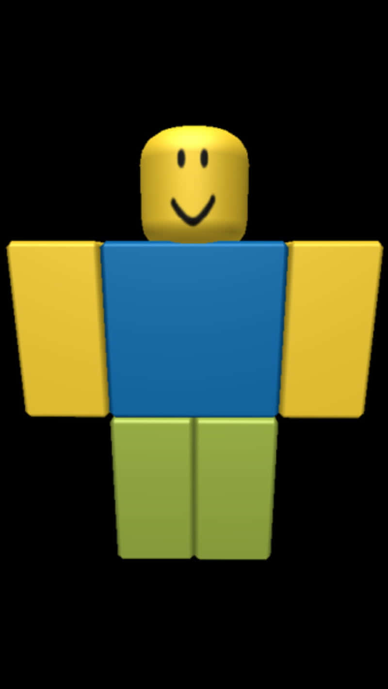 搞笑又可愛的Roblox新手 壁紙 — 一個快樂的方塊頭像，黃色頭部、藍色身體和綠色雙腿，站在黑色背景前。