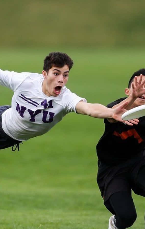 搞笑反應男運動員接飛盤 Android Ultimate Frisbee 背景 壁紙 — 兩名運動員在激烈的飛盤比賽中飛撲過草地，表情專注，雙臂伸展。