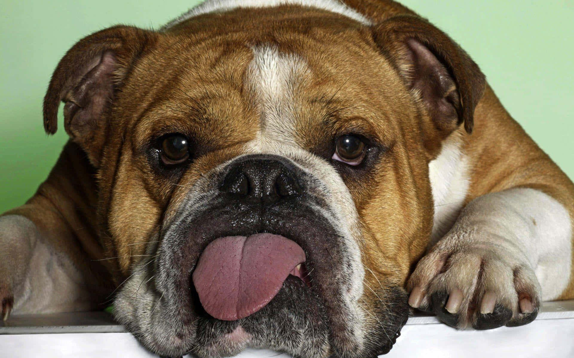 一隻啡白色鬥牛犬伸出舌頭，將頭擱在白色表面上。