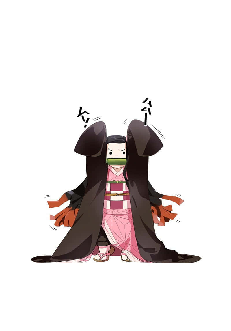 搞笑可愛禰豆子數位肖像藝術 壁紙 — 一個穿著粉紅色和服和黑色斗篷的Q版動漫角色，雙臂張開，頭頂上方有憤怒的擬聲詞。