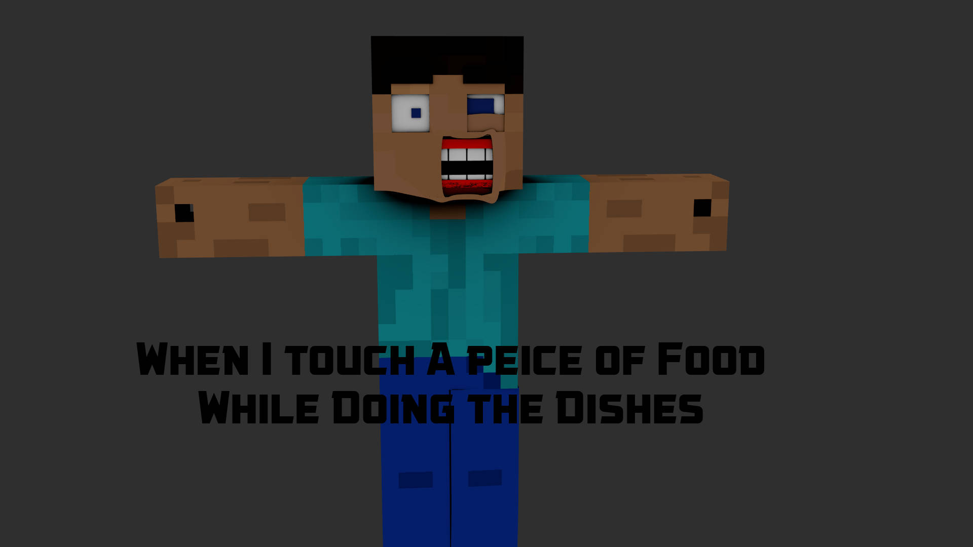 像素化Minecraft角色，震驚表情，幽默文字關於洗碗時觸碰食物。