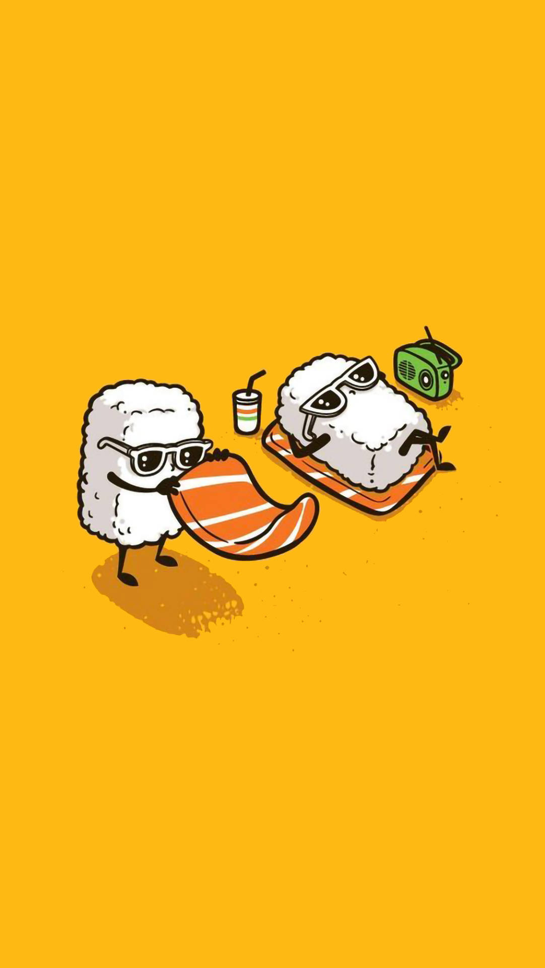搞笑壽司休憩時光 壁紙 — 兩個戴眼鏡的卡通壽司卷在明亮的黃色背景上放鬆，一個拿著三文魚片，另一個拿著手提音箱和飲料。