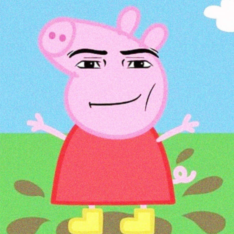Peppa Pig 著住紅色連衣裙同黃色靴，企喺泥濘嘅草地上，雙臂伸展。 — 搞笑 壁紙