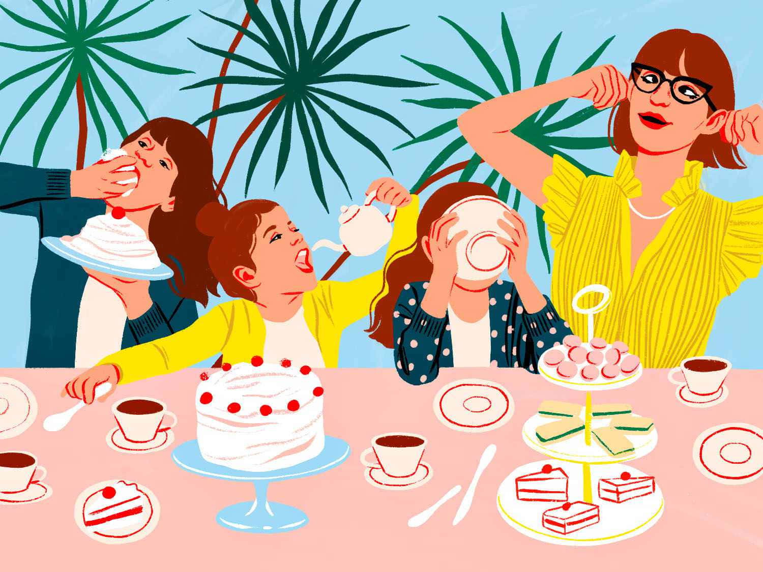 三位女士在熱帶茶會上笑著吃蛋糕。