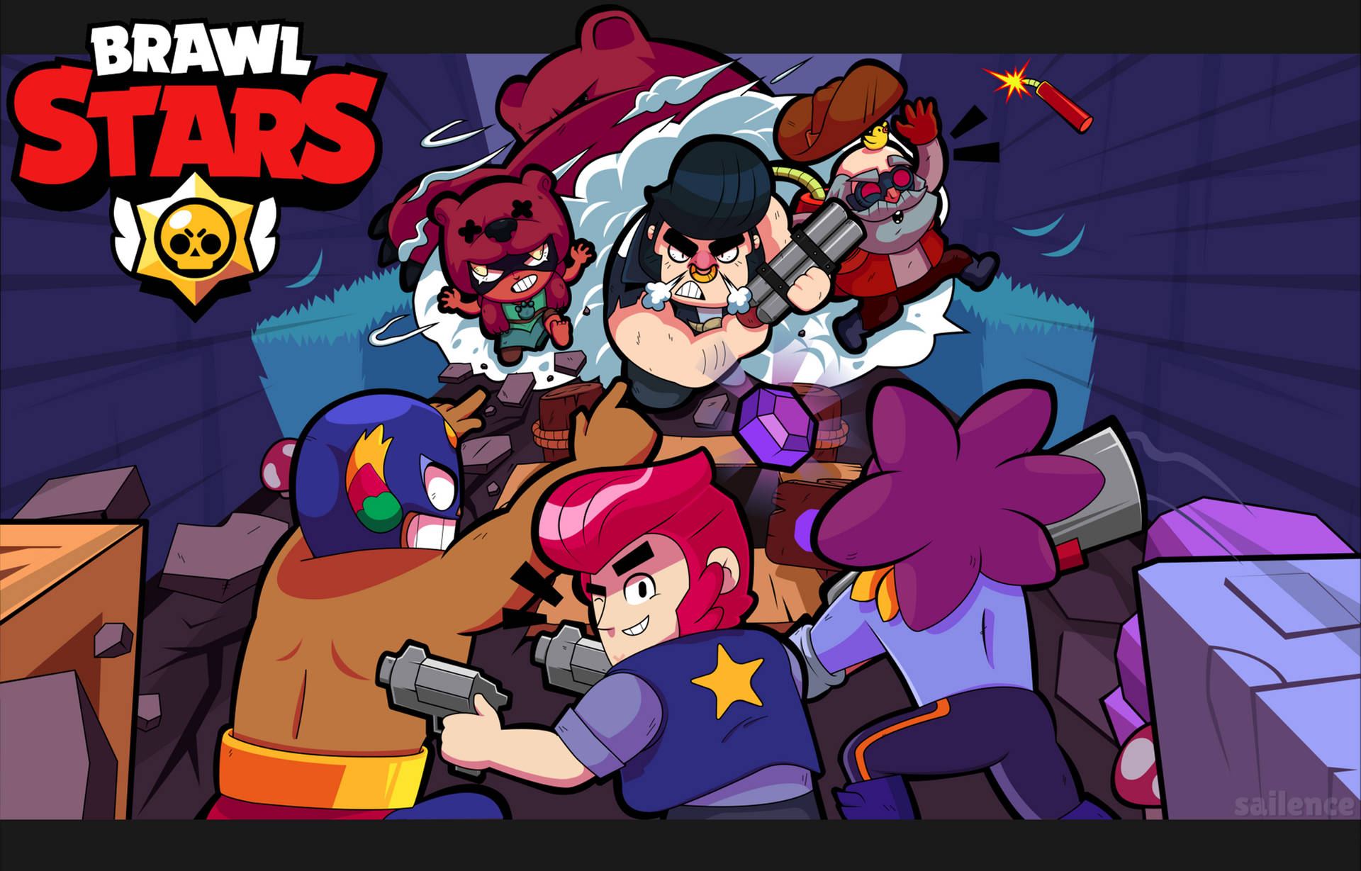 《Brawl Stars》角色在充滿瓦礫的競技場中戰鬥，伴有爆炸。