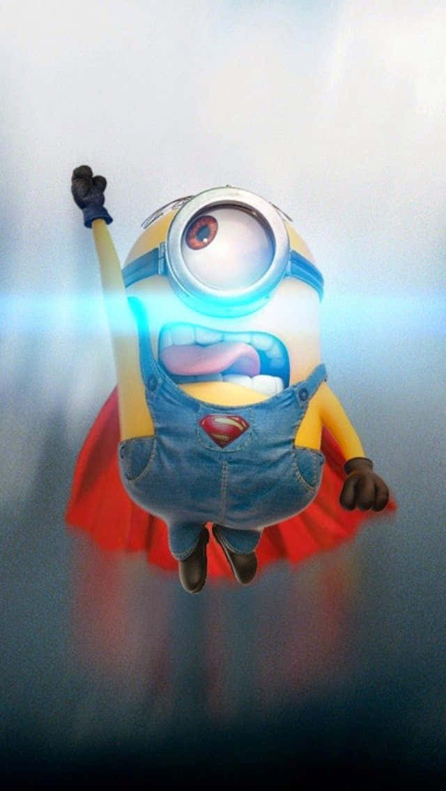 一個穿著超人服裝的Minion帶著發光的藍色能量飛行。