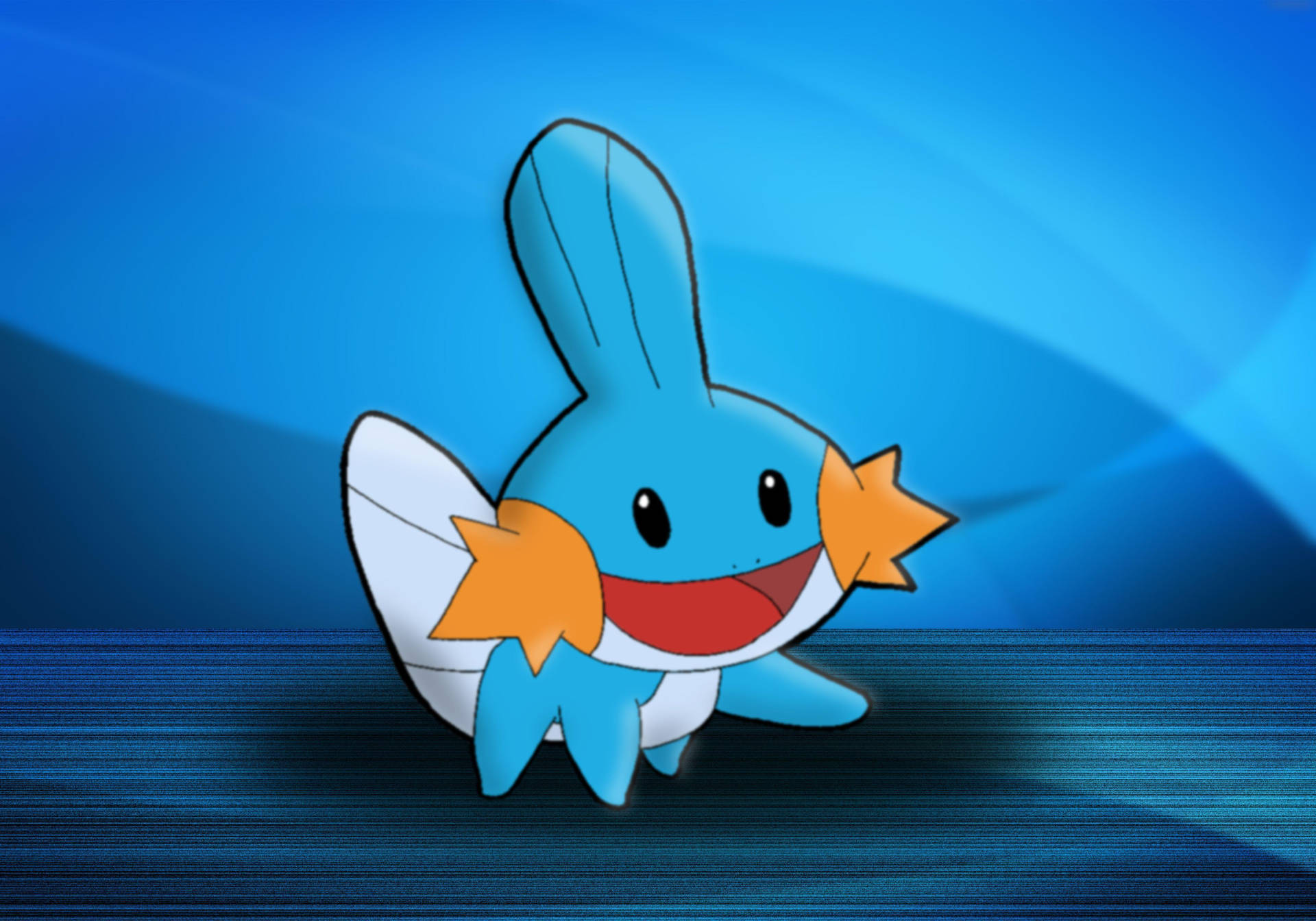 一條有星形魚鰭嘅藍色同橙色卡通魚喺水入面開心咁笑。