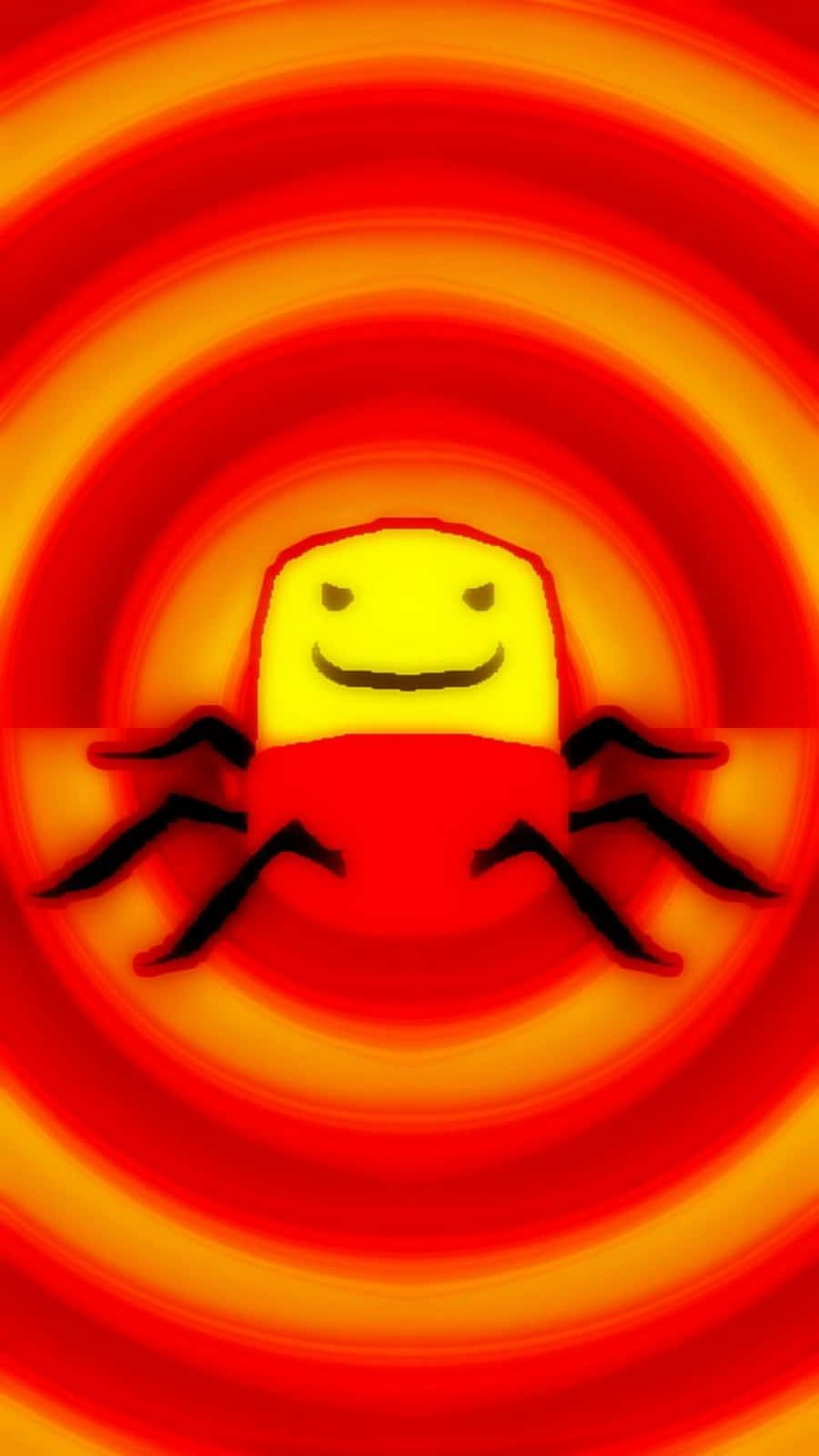 搞笑微笑蜘蛛Roblox角色圖 壁紙 — 一隻快樂的黃色方塊頭蜘蛛，有黑色腿，在旋轉的紅色和橙色漩渦背景前向觀眾微笑。