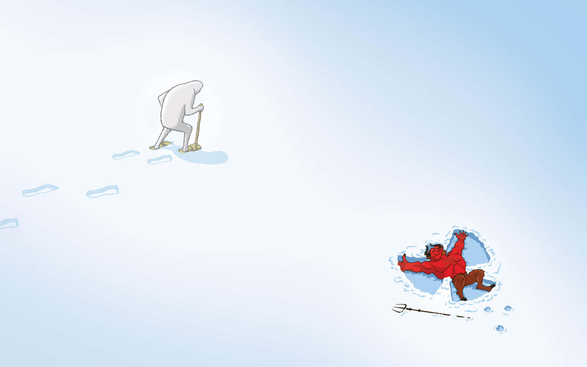 白色身影向上鏟雪，紅色魔鬼跌入下方雪洞。