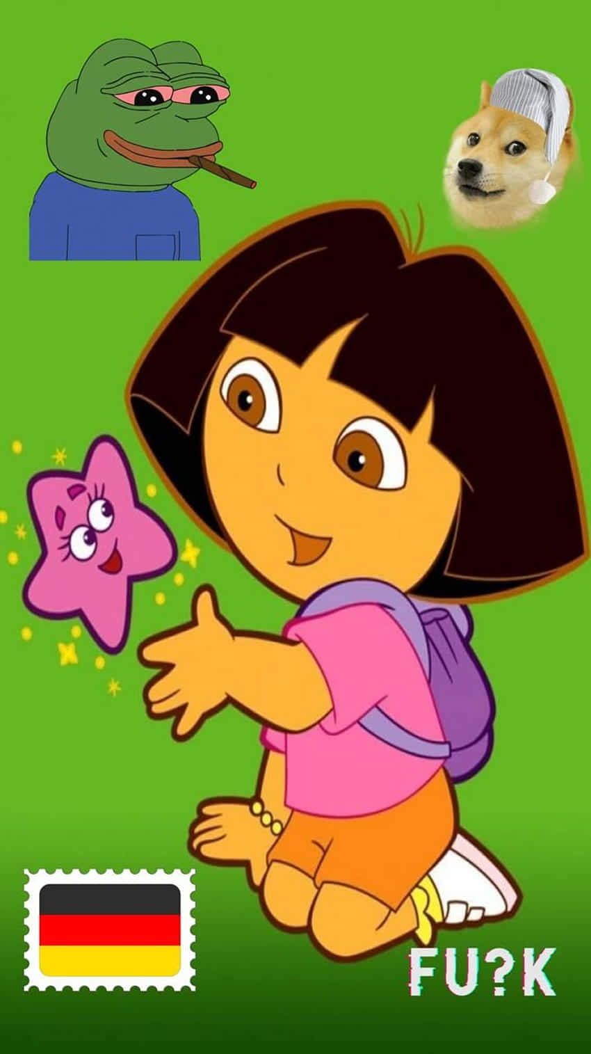 Dora the Explorer 同 Pepe the Frog 同 Doge 喺一個迷因風格嘅卡通圖像中。