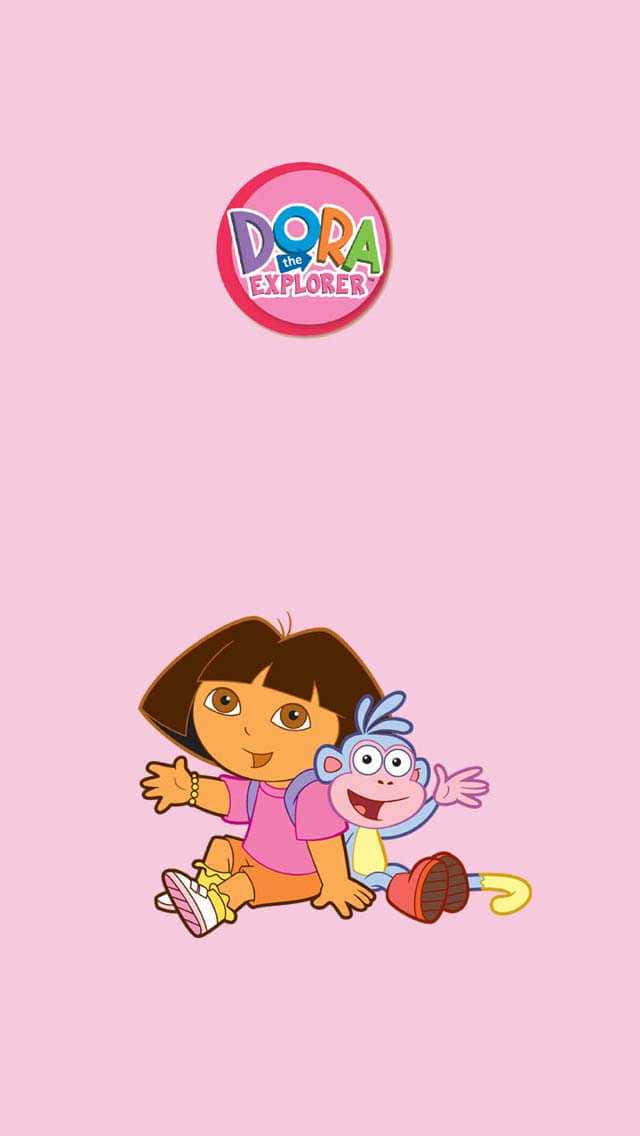 Dora the Explorer 同佢嘅馬騮朋友 Boots 喺粉紅色背景上開心咁揮手。