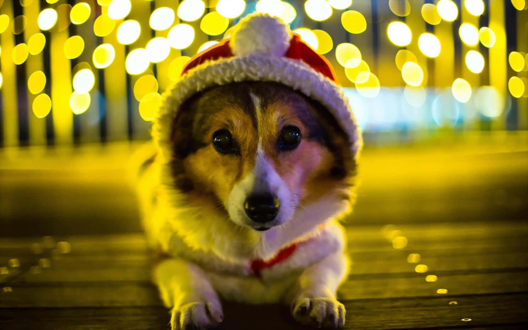 一隻戴著聖誕帽的柯基犬在木質甲板上，背後有發光的燈光。
