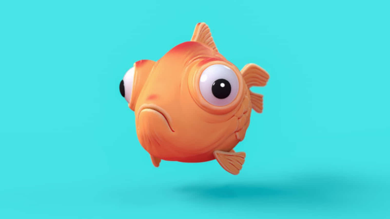 搞笑橙色卡通魚 壁紙 — 一條可愛的橙色3D渲染魚，有著超大眼睛和皺眉表情，漂浮在純色青綠色背景上。