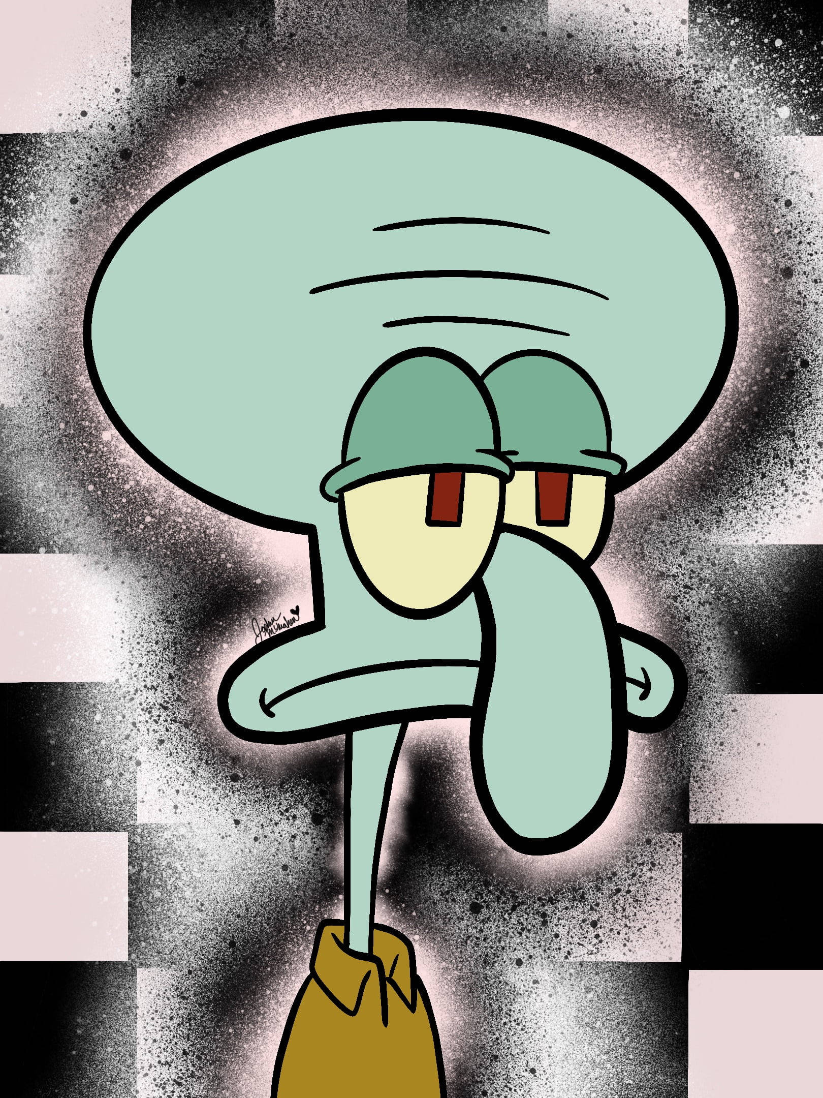 搞笑無聊的 Squidward 壁紙 — 海綿寶寶中的章魚哥帶著無聊的表情，凝視著帶有粉紅色調的粗糙黑白格子背景。