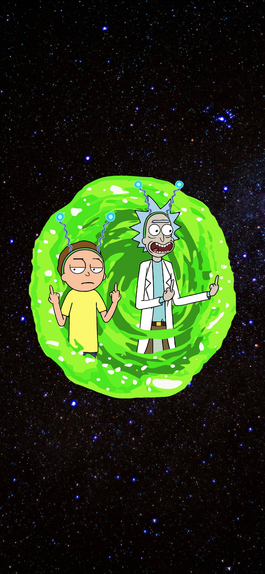 瑞克和莫蒂在綠色傳送門中漂浮於星際空間。