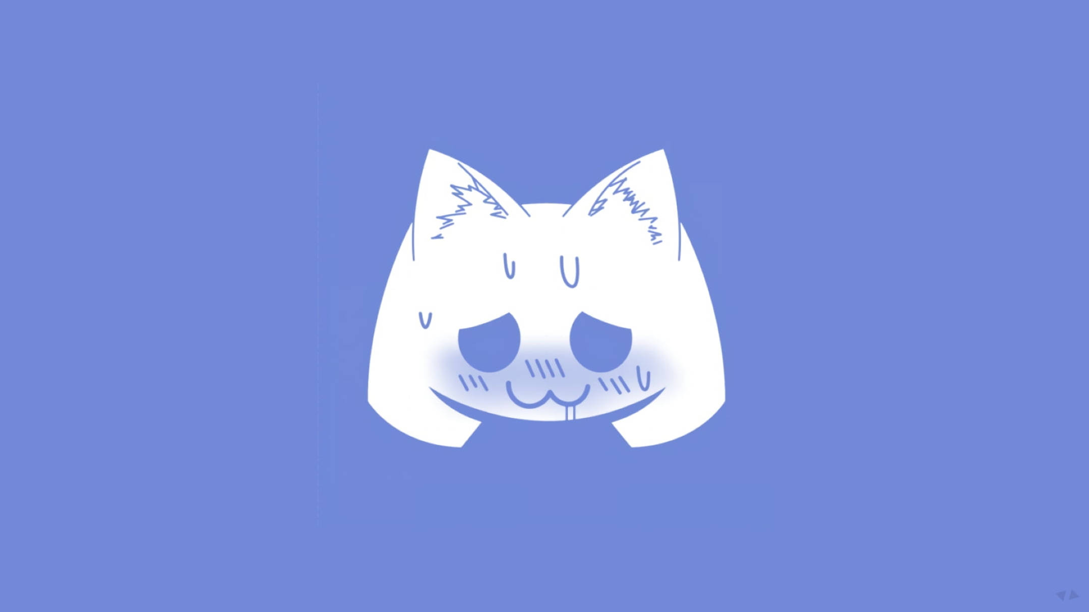 搞笑疲憊 Discord 標誌 壁紙 — 一個極簡風格的白色卡通貓臉，帶有睡眼和微笑，襯以純藍色背景。