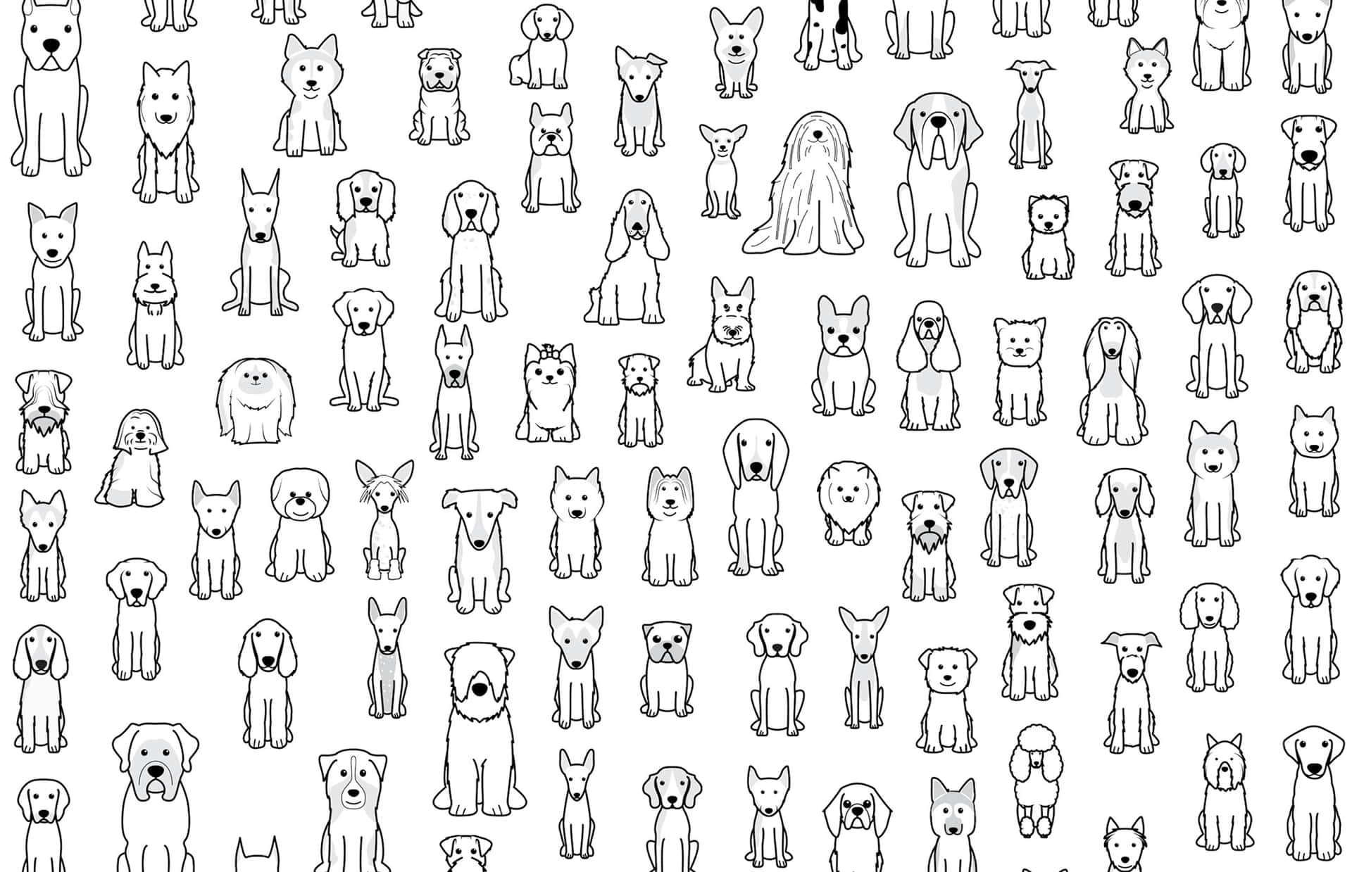 各種犬種的黑白線條圖案。