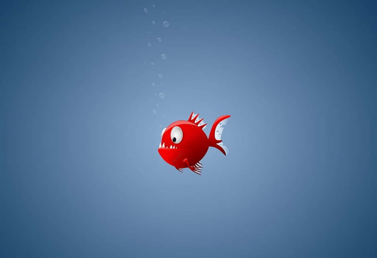 搞笑的燈籠魚圖 壁紙 — 一條卡通風格的紅魚，長有尖銳牙齒和尖刺魚鰭，在藍色水中向上游動，留下一串氣泡。