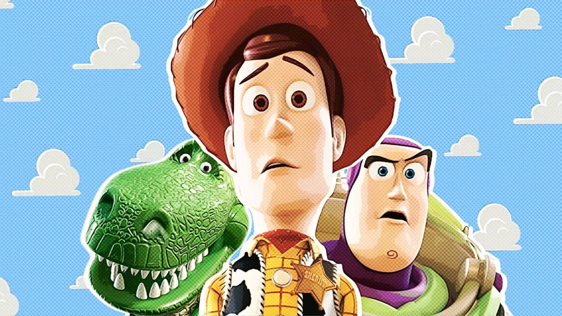 搞笑的玩具總動員雷克斯 壁紙 — Woody Buzz Lightyear 和 Rex 以卡通風格站在藍天白雲前。