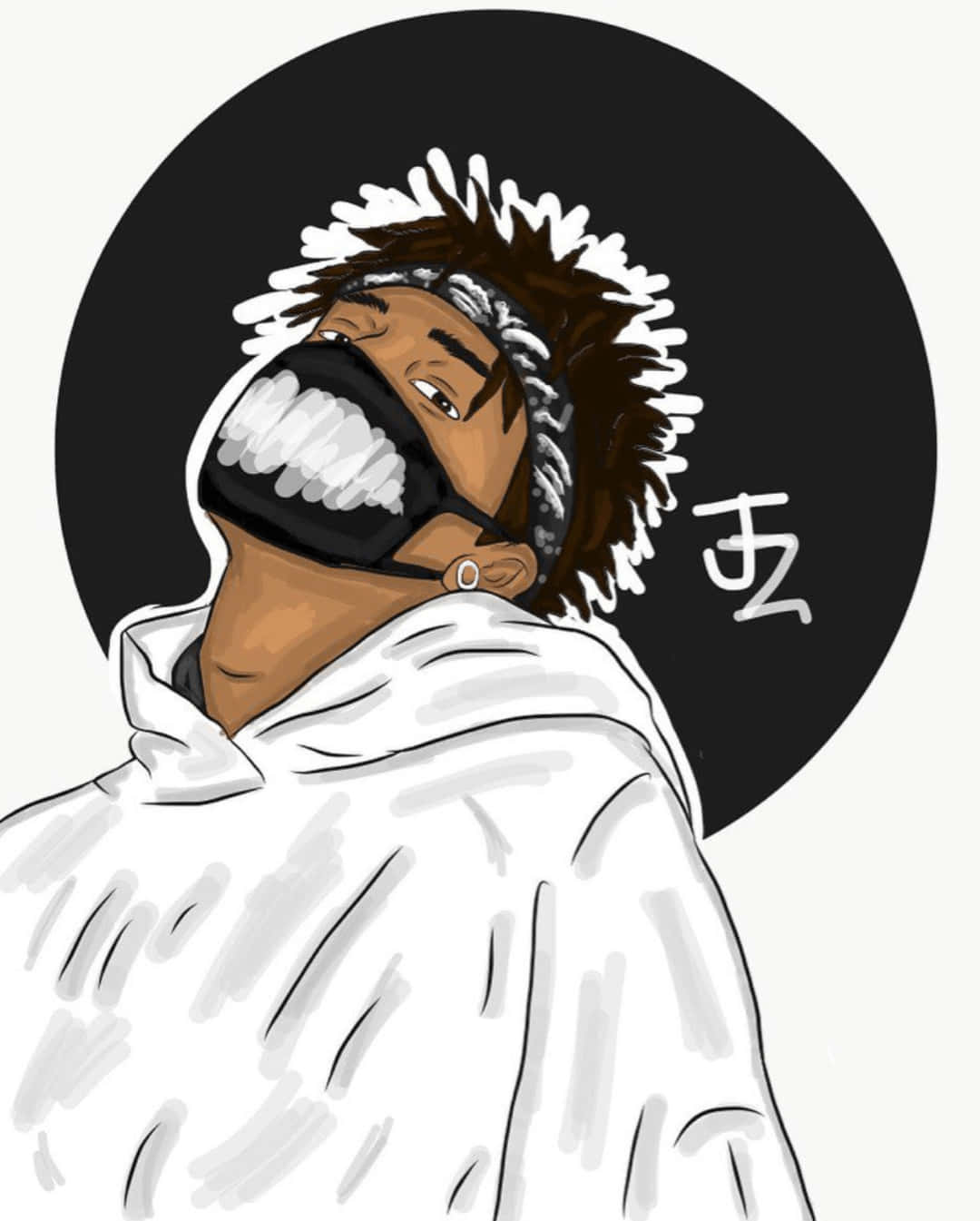 在圖形插圖中，一個戴著黑色口罩和穿著白色連帽衫的人。