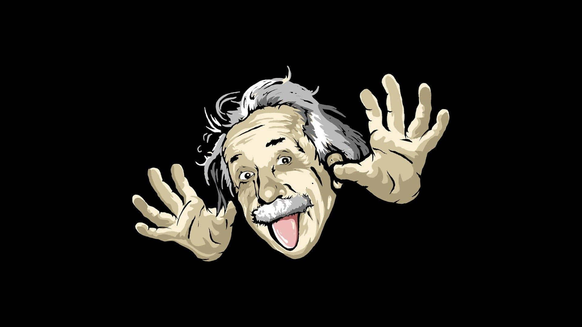 卡通愛因斯坦伸出舌頭，雙手舉起。