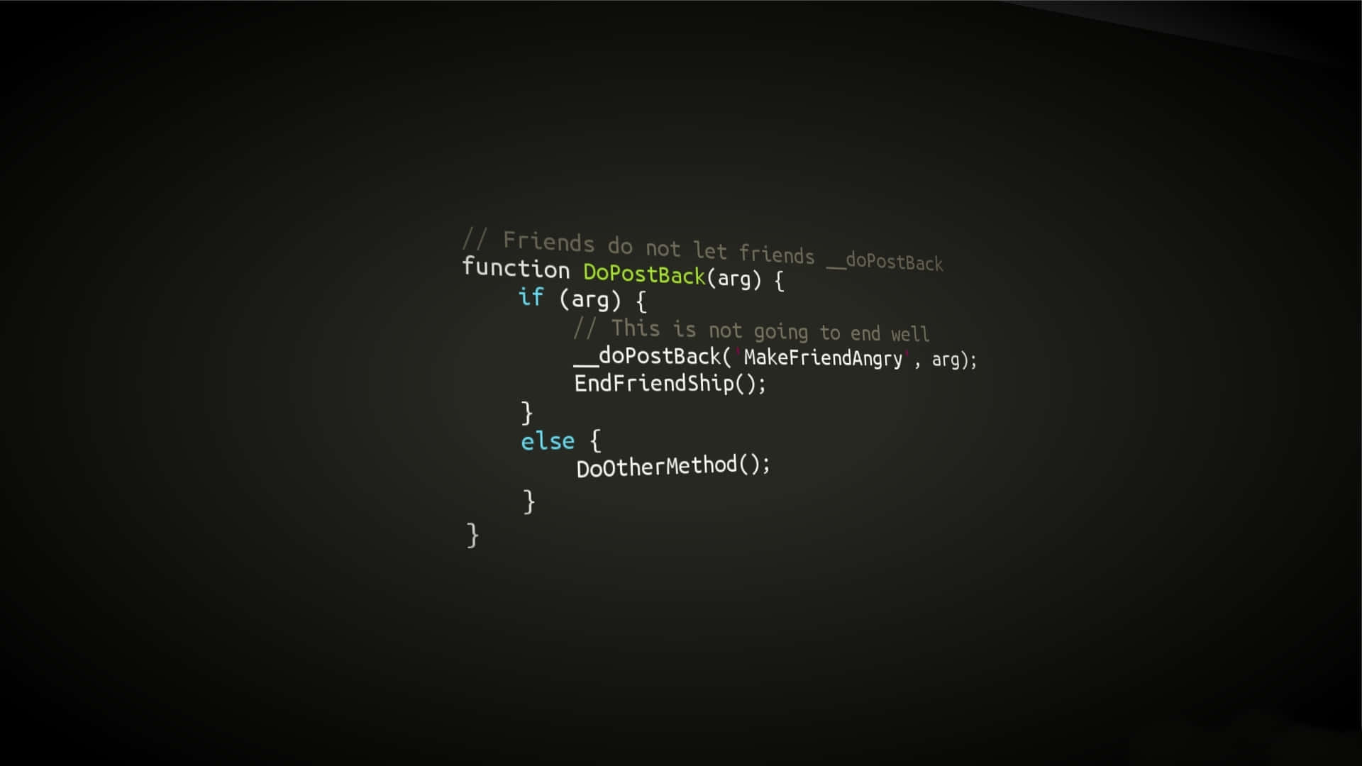 深色漸變背景上發光的 JavaScript 代碼片段，帶有幽默的友誼主題。
