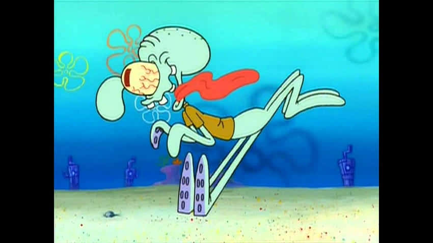 搞笑章魚哥奔跑圖 壁紙 — Squidward Tentacles 喺水底嘅跳板上開心咁跳起，紅色圍巾喺佢身後飄揚。