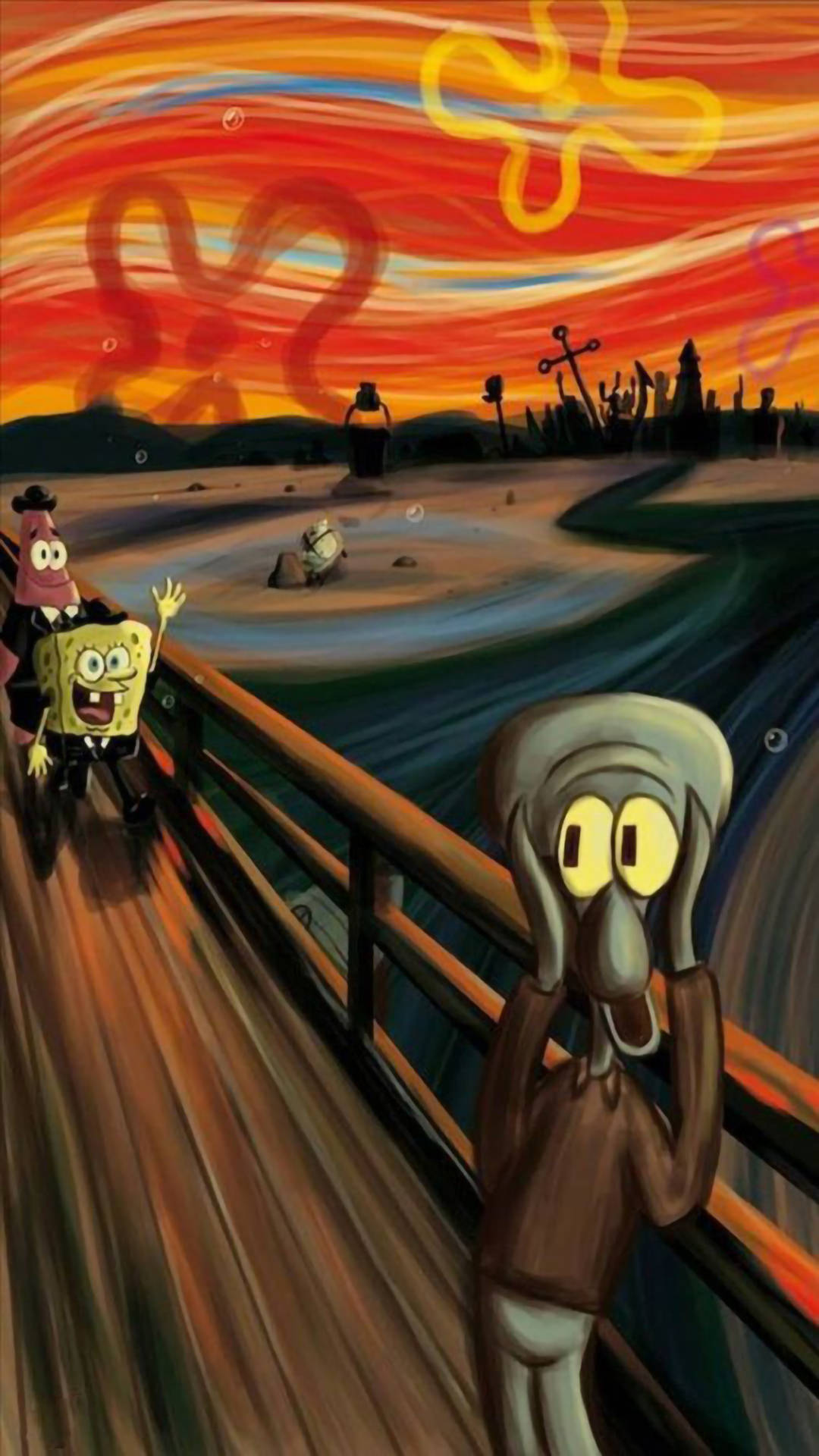 搞笑章魚哥尖叫 壁紙 — 喺旋轉嘅日落天空下，Squidward 驚恐尖叫，而 SpongeBob 同 Patrick 開心噉喺橋上飛馳而過。