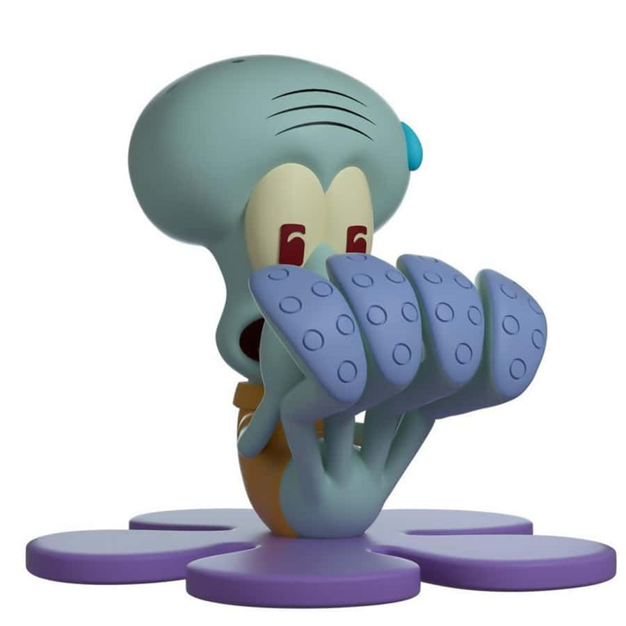 搞笑章魚哥玩具圖 壁紙 — 一個3D渲染的章魚哥（Squidward Tentacles）公仔，用觸手遮住臉，背景為白色。
