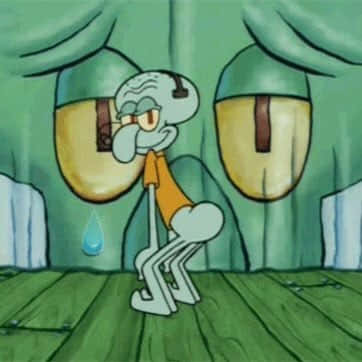 搞笑章魚哥跳舞圖 壁紙 — Squidward 沮喪地站在綠色木地板上，一滴眼淚落下，被大型綠色窗簾和黃色窗戶框住。