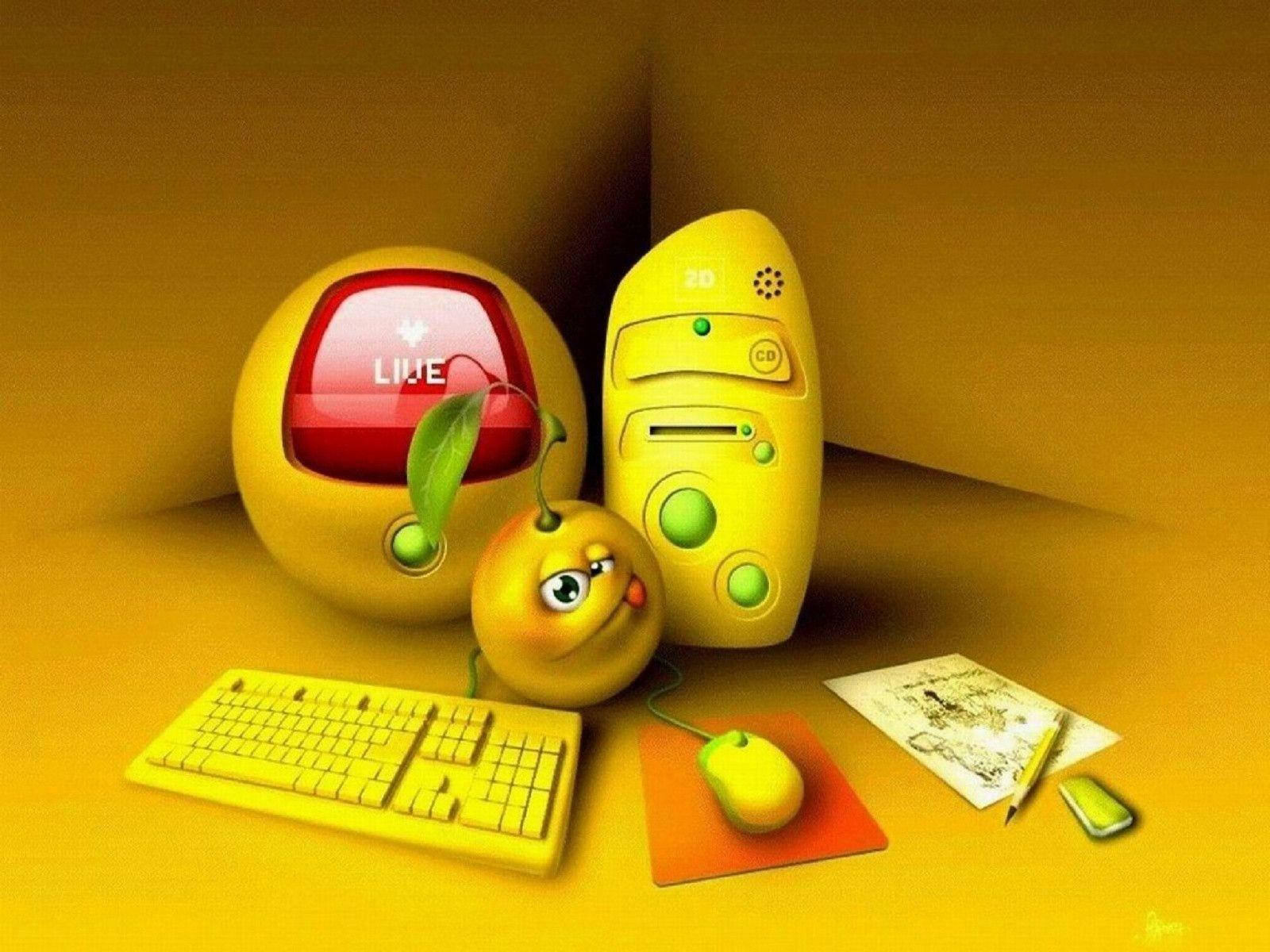 搞笑筆電玩具組 壁紙 — 一個溫暖角落中，帶有微笑蘋果角色和發光按鈕的奇幻黃色電腦設置。