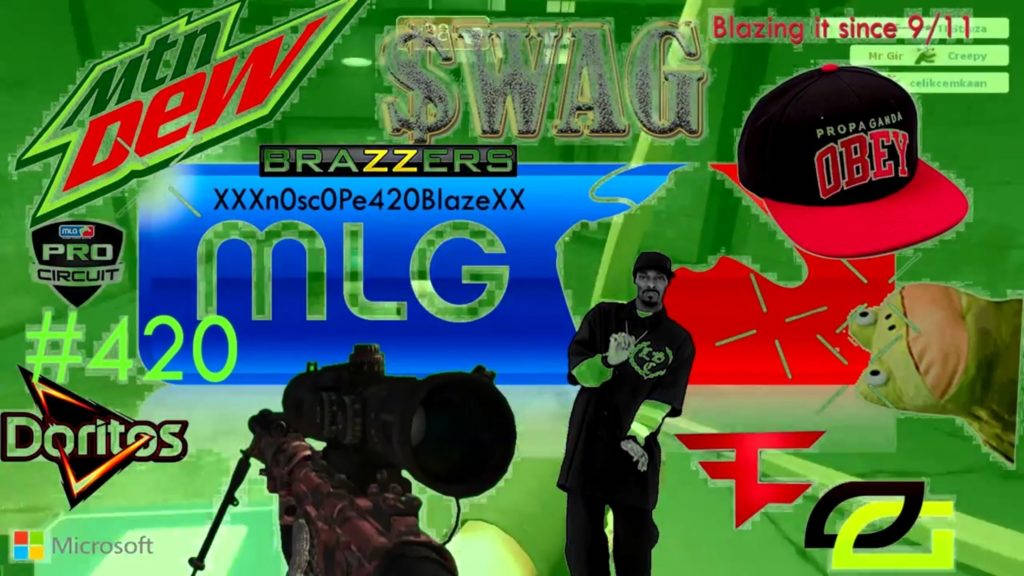 搞笑綠色 MLG 潮流 壁紙 — 一張混亂的綠色色調拼貼畫，包含遊戲標誌 MLG Doritos Mountain Dew 和一個手持步槍的黑衣男子。