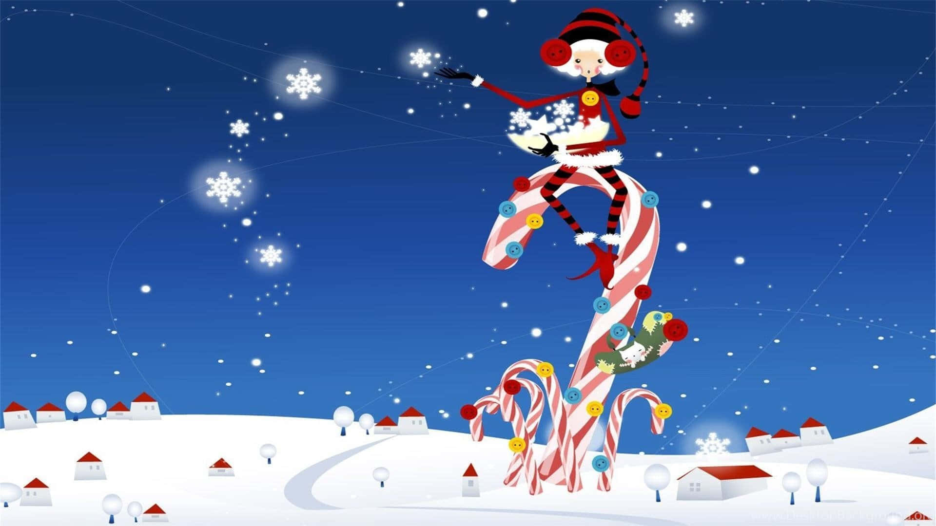 一個卡通女孩在雪村的夜晚於巨型拐杖糖上跳舞。