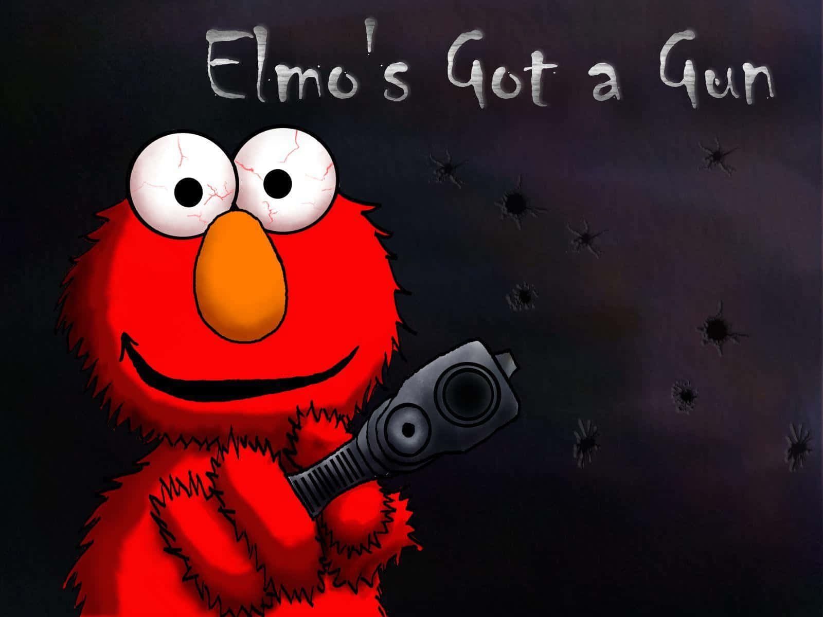 Elmo 手持槍支，眼睛裂開，背景是佈滿彈孔的牆壁。