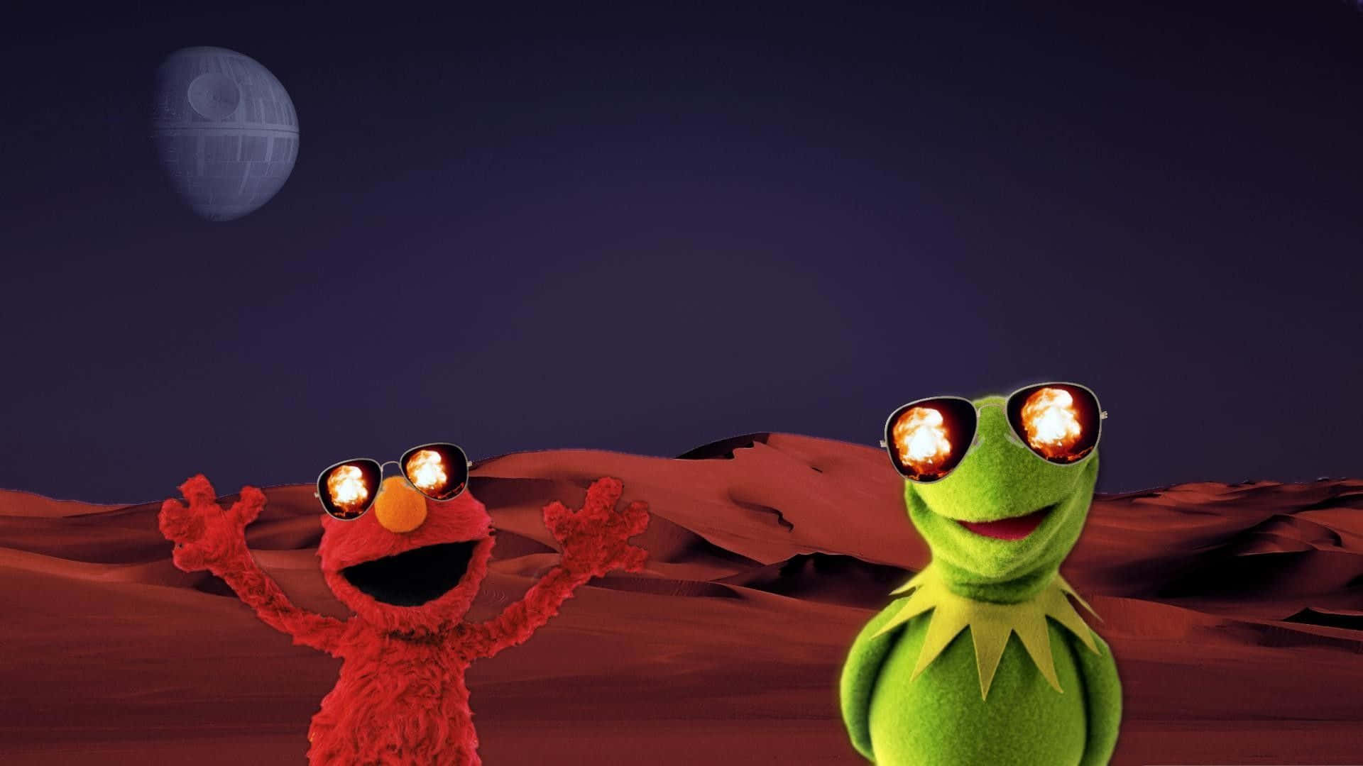 Elmo 和 Kermit 戴太陽眼鏡站在紅色沙漠，天空有死星