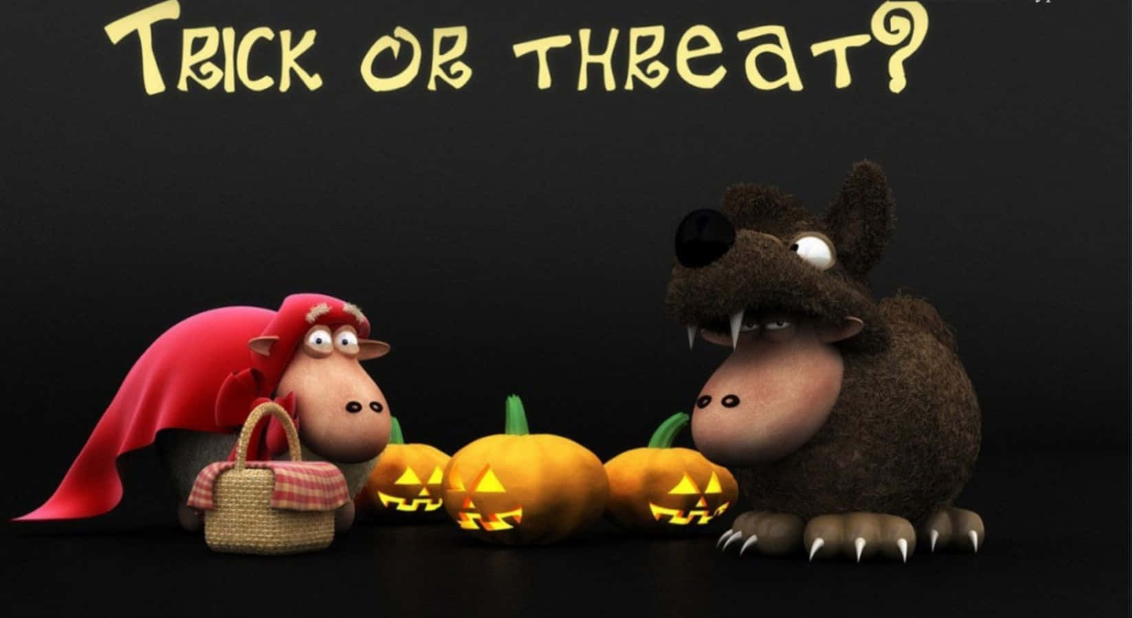 卡通羊和狼與南瓜燈，下方有'Trick or Threat?'字樣。