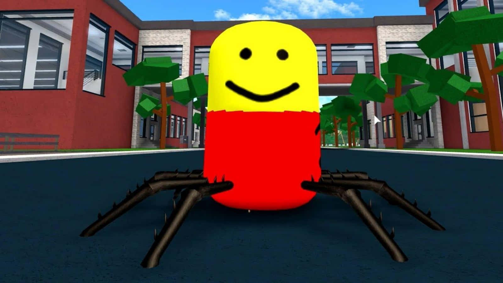 搞笑蜘蛛Roblox角色圖 壁紙 — 一隻快樂的黃色和紅色藥丸形蜘蛛，帶著笑臉，站在學校操場的路面上。