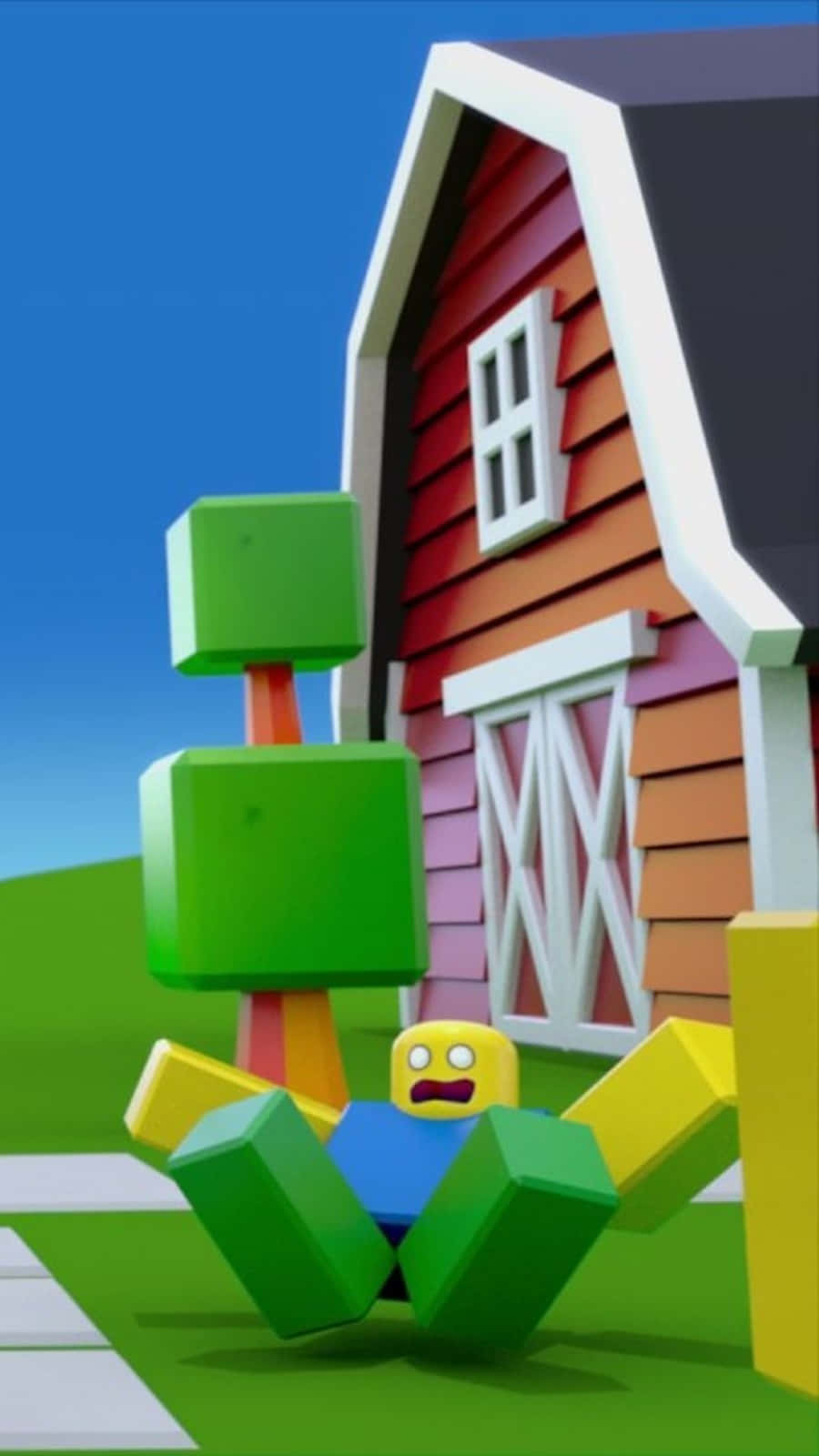 搞笑農場Roblox角色圖 壁紙 — 一個方塊狀的黃色角色帶著震驚的表情坐在綠色草地上，前方是色彩繽紛的穀倉，背景是晴朗的藍天。