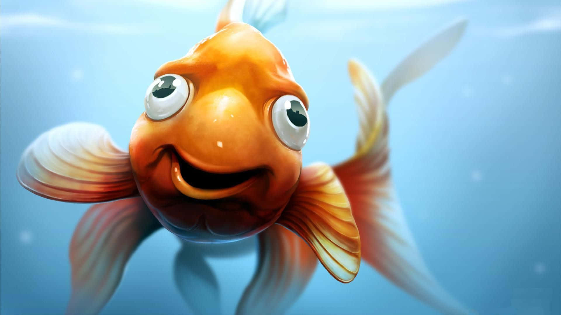 搞笑金魚繪畫照 壁紙 — 一條快樂的卡通金魚，有大眼睛和寬闊的笑容，在清澈的藍色水中開心地游動。