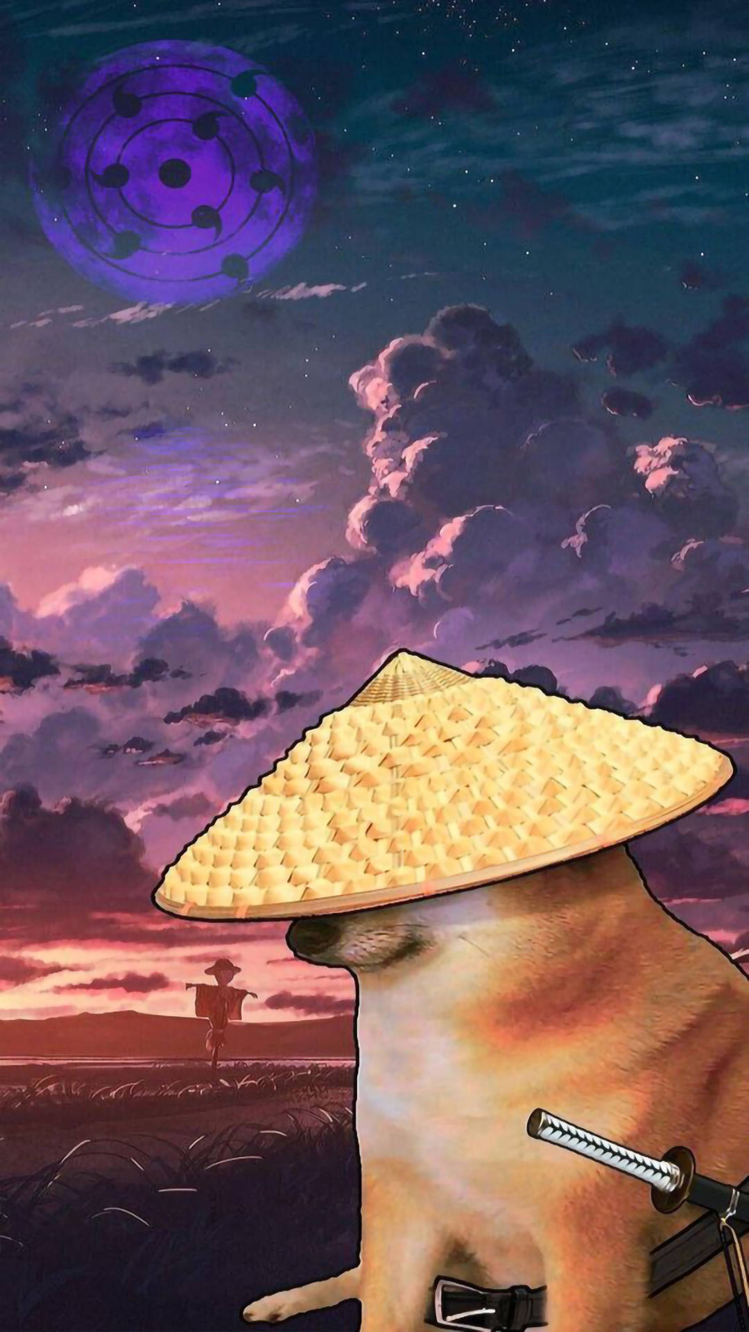 日落時分，紫色寫輪眼天空下，戴草帽和劍的狗。 — 搞笑美學 壁紙