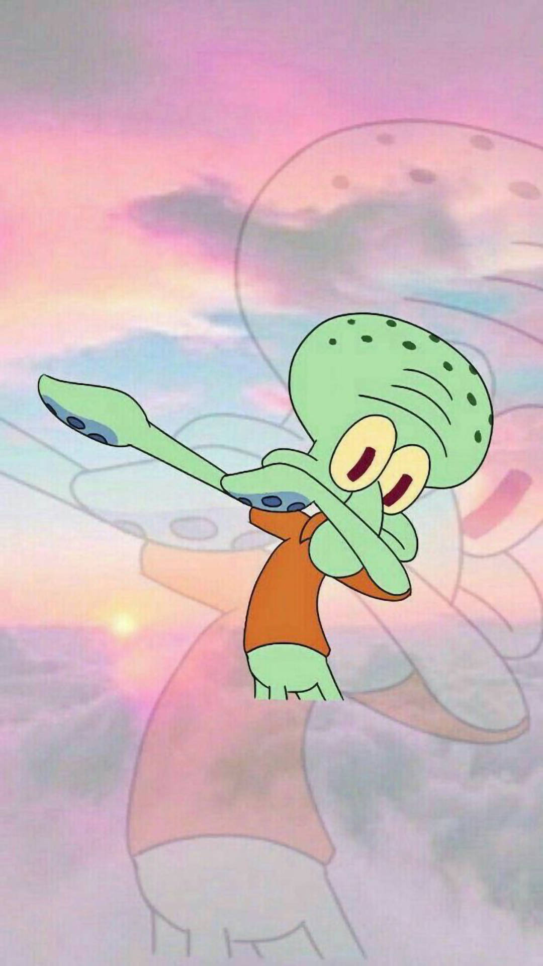 搞笑風格的章魚哥比讚 壁紙 — Squidward Tentacles 在充滿活力的日落天空中跳舞，背景有粉彩雲朵和發光的太陽。