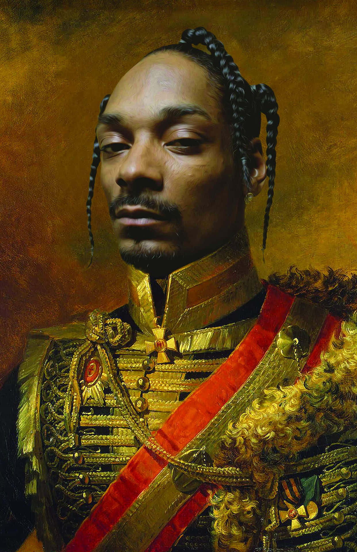 Snoop Dogg 身穿精緻金色軍裝，配紅色肩帶。