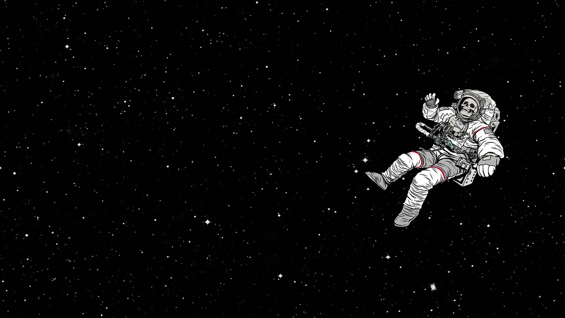 一個穿著太空衣的骷髏在深空星群中漂浮並揮手。