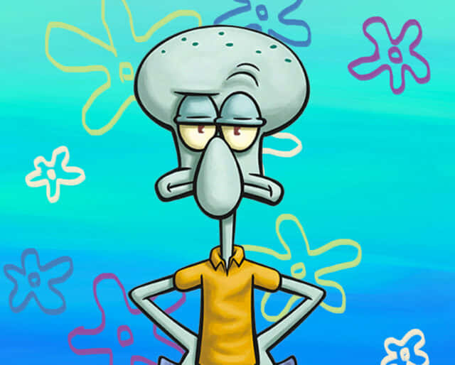 搞笑高傲章魚哥圖 壁紙 — Squidward Tentacles 雙手交叉站立，背景為充滿活力的藍色，帶有色彩繽紛的抽象花朵輪廓。